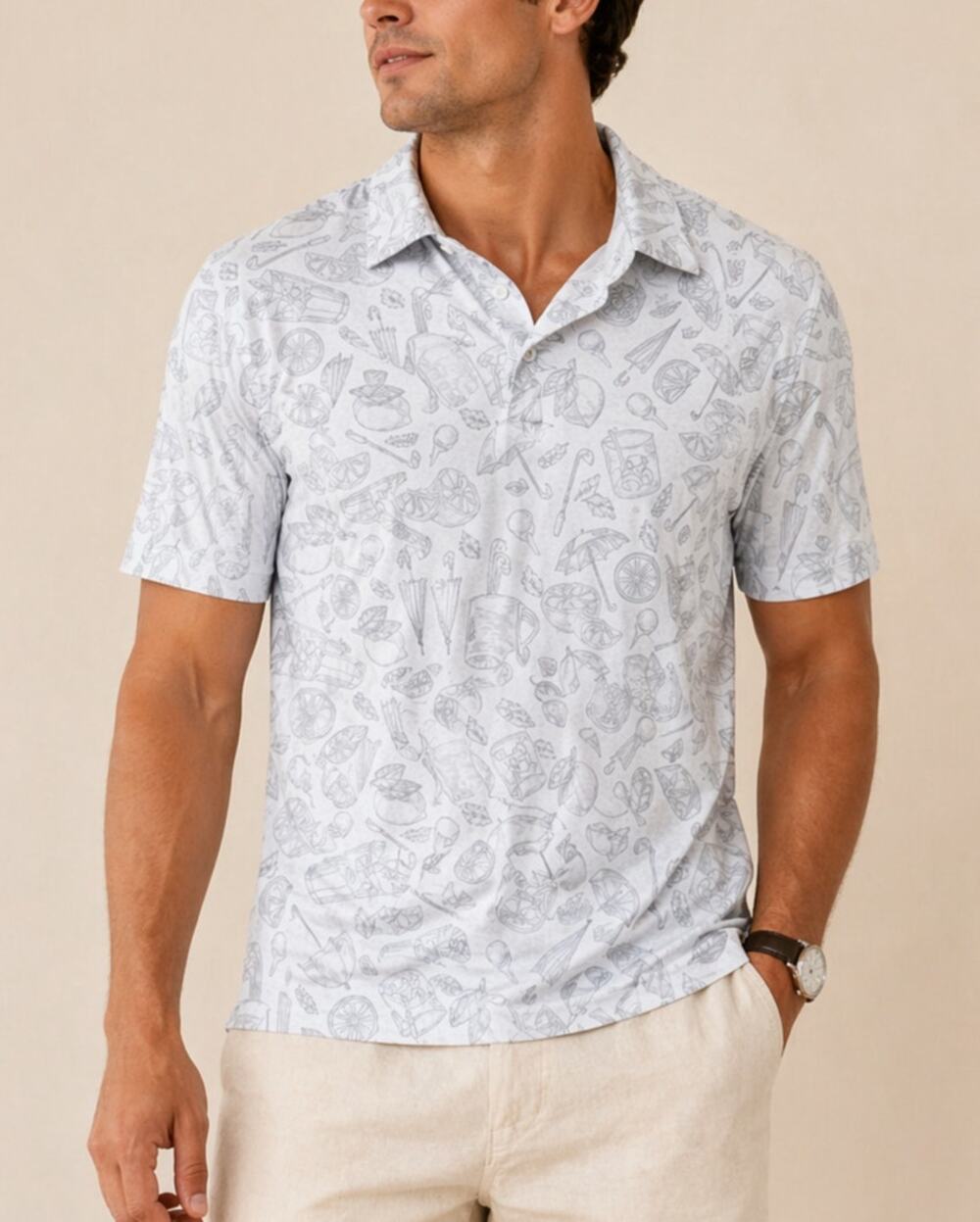 Three Sixty Six Mens Graphic Print Golf Polo Medium White Cocktail Resort Preppy